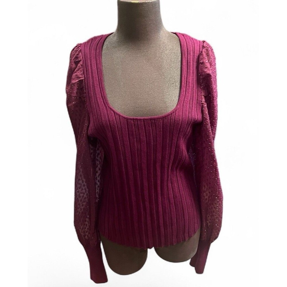 Anthropologie Women's Ribbed Sweater Top 1X Shimmer Puff Sleeves Scoop Neck Plum
